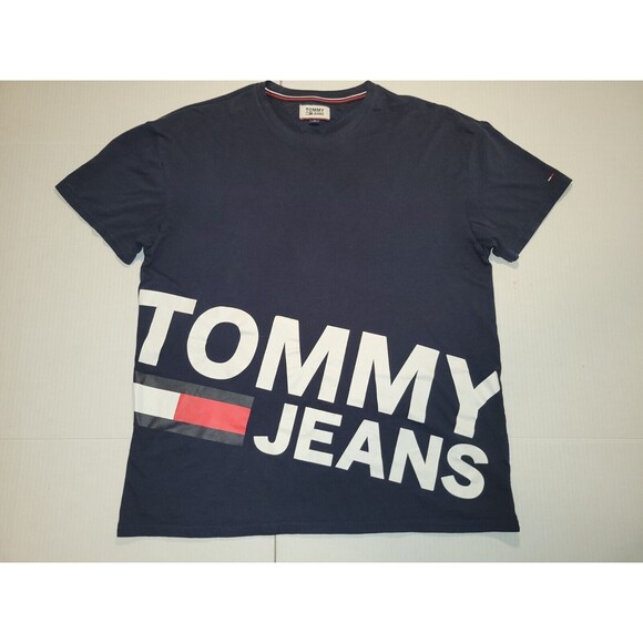 Vintage Tommy Jeans Classic Flag Logo T-Shirt Blue Mens Size M Large Spelled Out - Picture 1 of 6